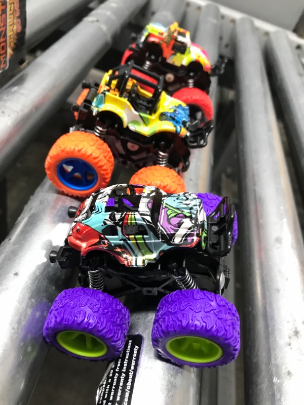 Photo 2 of CozyBomB Friction Powered Monster Trucks Toys for Boys - Push and Go Car Vehicles Truck Playset, Inertia Vehicle, Kids Birthday Christmas Party Supplies Gift 3 Years Old (Purple, Red, Orange, Green)
