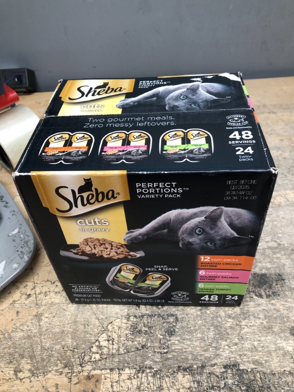 Photo 2 of *2/25/2025* Sheba Perfect Portions Cuts in Gravy Wet Cat Food Tray Variety Packs Chicken, Salmon, Turkey 2.6 Ounce (Pack of 24)