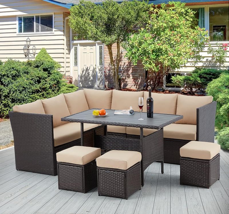 Photo 1 of ***BOX4/4 ONLY***U-MAX 7 Pieces Outdoor Patio Furniture Set,Wicker Patio Furniture Set with Table and Chair, Outdoor Furniture Sets Clearance,Brown Rattan Outdoor Sectional with Tan Cushion