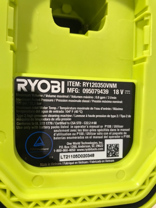 Photo 2 of 18-Volt 320 PSI 0.8 GPM Cold Water Cordless Power Cleaner (Tool Only) - missing battery 