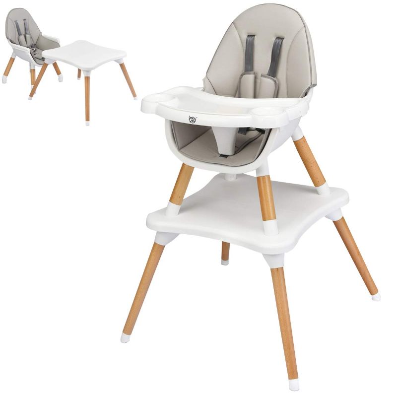 Photo 1 of BABY JOY 5 in 1 High Chair, Convertible High Chairs for Babies and Toddlers/Booster Seat/Table and Chair Set, Infant Wooden Highchair w/ 5-Point Harness, 4-Position Removable Tray & PU Cushion, Gray
