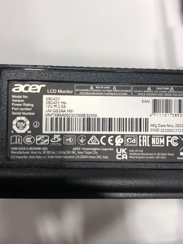 Photo 1 of Acer SB242Y Hbi 23.8" Full HD (1920 x 1080) Zero-Frame Gaming Office Monitor | AMD FreeSync Technology | Ultra-Thin Stylish Design | 100Hz | 1ms (VRB) | Low Blue Light | Tilt | HDMI & VGA Ports
