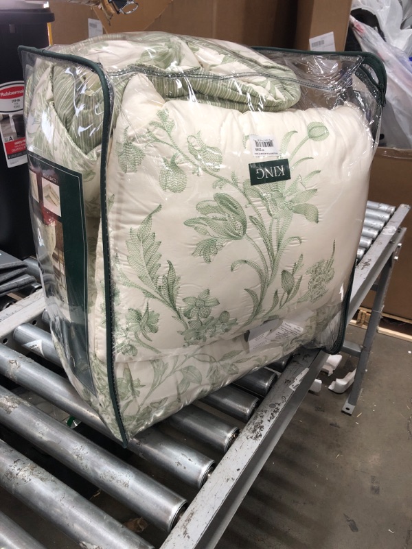 Photo 1 of Laura Ashley Home - King Size Comforter Set, Reversible Cotton Bedding, Includes Matching Shams with Bonus Euro Shams & Throw Pillows (Natalie Sage/Off White, King) King Sage/Off White