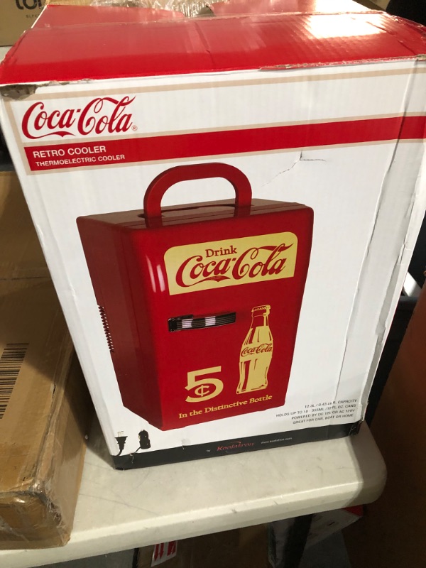 Photo 2 of *USED* Coca-Cola Retro 18 Can Mini Fridge 22L (23 qt), AC/DC Portable Cooler for Snack Lunch Drinks, Includes 12V and AC Cords, for Home Office Dorm Cottage, Red and White