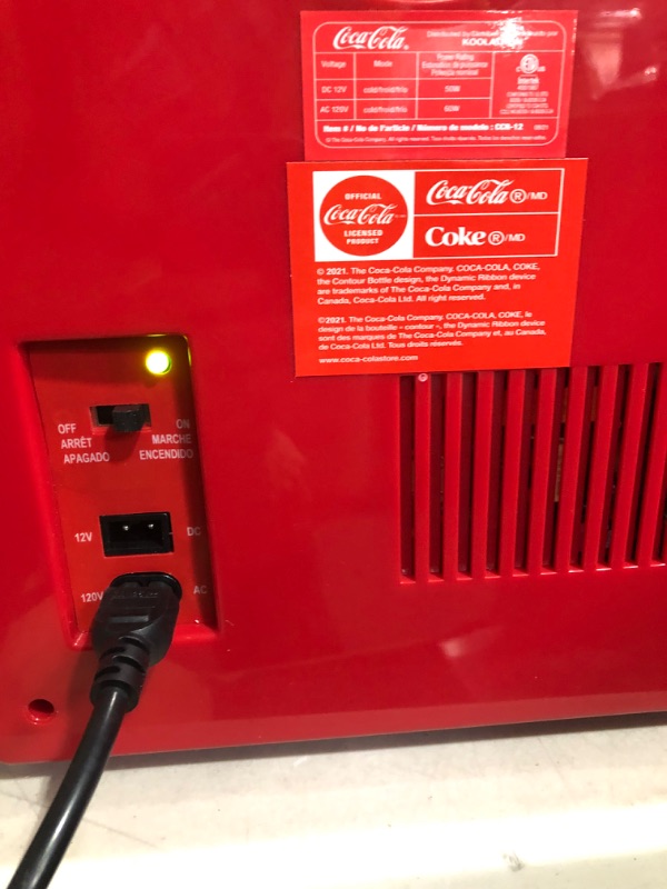 Photo 5 of *USED* Coca-Cola Retro 18 Can Mini Fridge 22L (23 qt), AC/DC Portable Cooler for Snack Lunch Drinks, Includes 12V and AC Cords, for Home Office Dorm Cottage, Red and White