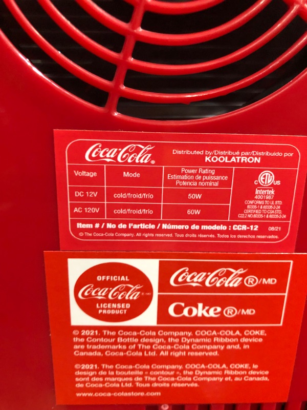 Photo 7 of *USED* Coca-Cola Retro 18 Can Mini Fridge 22L (23 qt), AC/DC Portable Cooler for Snack Lunch Drinks, Includes 12V and AC Cords, for Home Office Dorm Cottage, Red and White