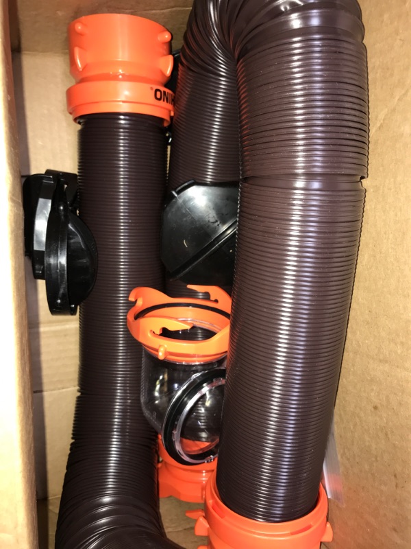 Photo 2 of Camco 20' (39742) RhinoFLEX 20-Foot RV Sewer Hose Kit, Swivel Transparent Elbow with 4-in-1 Dump Station Fitting-Storage Caps Included , Black , Brown 20ft Sewer Hose Kit Frustration-Free Packaging