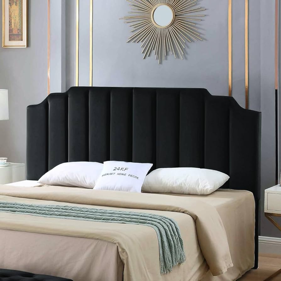 Photo 1 of 24KF Modern Velvet Upholstered King/Cal King Headboard, Tufted Headboard for King/Cal King Bed, Modern Vertical Channel Design with Curved Tufted -Black