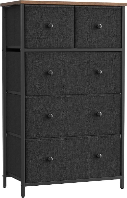 Photo 1 of SONGMICS Storage Tower with 5 Fabric Drawers, Dresser Unit, for -Living -Room, Hallway, -Nursery, 11.8" D x 22" W x 36.6" H, Black and Rustic Brown
