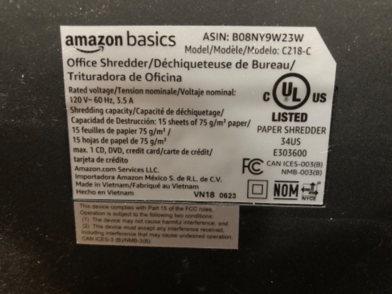 Photo 6 of **FOR PARTS**SEE NOTES**USED** Amazon Basics 12 Sheet Cross Cut Paper and Credit Card Home Office Shredder, Black
