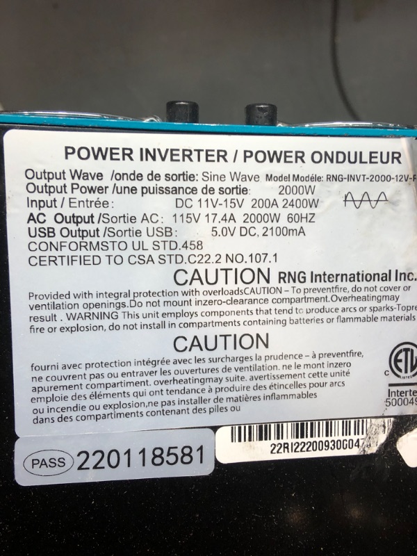 Photo 1 of **PARTS ONLY** **NOT TESTED** Renogy 2000W Pure Sine Wave Inverter 12V DC to 120V AC Converter **USED**