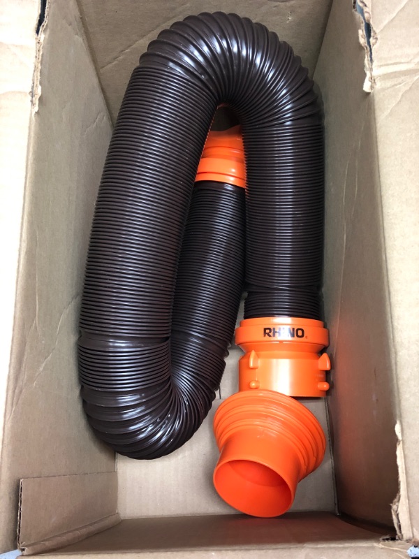 Photo 2 of Camco 20' (39742) RhinoFLEX 20-Foot RV Sewer Hose Kit, Swivel Transparent Elbow with 4-in-1 Dump Station Fitting-Storage Caps Included , Black , Brown 20ft Sewer Hose Kit Frustration-Free Packaging