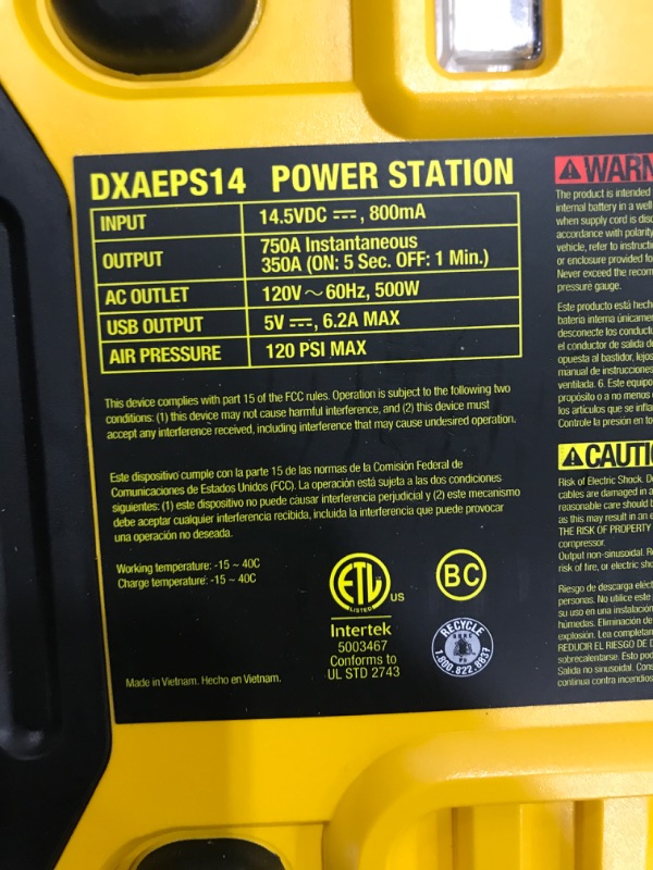 Photo 3 of DEWALT DXAEPS14 1600 Peak Battery Amp 12V Automotive Jump Starter/Power Station with 500 Watt AC Power Inverter, 120 PSI Digital Compressor, and USB Power , Yellow