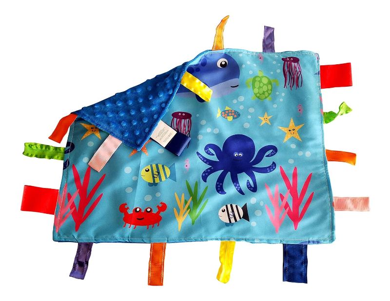 Photo 1 of Baby Sensory, Security & Teething Closed Ribbon Tag Lovey Blanket with Minky Dot Fabric: 14”X18” (Ocean Marine Animals)
