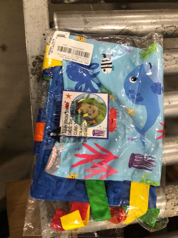 Photo 1 of Baby Sensory, Security & Teething Closed Ribbon Tag Lovey Blanket with Minky Dot Fabric: 14”X18” (Ocean Marine Animals)
