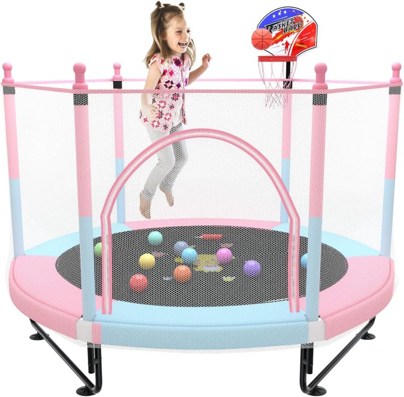 Photo 1 of 5FT Trampoline for Kids Toddler Indoor Trampoline with Safety Enclosure Net, Mini Basketball Hoop, Jumping Mat for Home Entertainment Equipment Outdoor Backyard Games