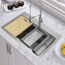 Photo 1 of allen + roth The Dennison Dual-mount 33-in x 22-in Stainless Steel Single Bowl 2-Hole Workstation Kitchen Sink All-in-one Kit
