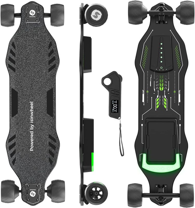 Photo 1 of isinwheel V8 Electric Skateboard with Remote, 1200W Brushless Motor, 30 Mph Top Speed & 12 Miles Range, Replaceable Battery, Electric Longboard for Adults ?Teens with Green Ambient Light
