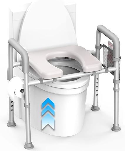 Photo 1 of Agrish Raised Toilet Seat with Handles - Cozy Padded Elevated Medical Commode w/Storage Bag & Paper Holder 350lb Adjustable Safety Assist Shower Chair for Elderly, Handicap, Pregnant Gray