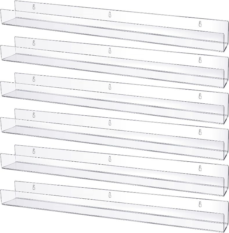 Photo 1 of 6 Pack Kids Acrylic Floating Bookshelf 36 Inch Clear Wall Ledge Shelf Wall Mounted Clear Spice Rack Toy Storage Wall Shelf Drilling Invisible Display Organizer Shelf for Nursery Room Bathroom Dorm