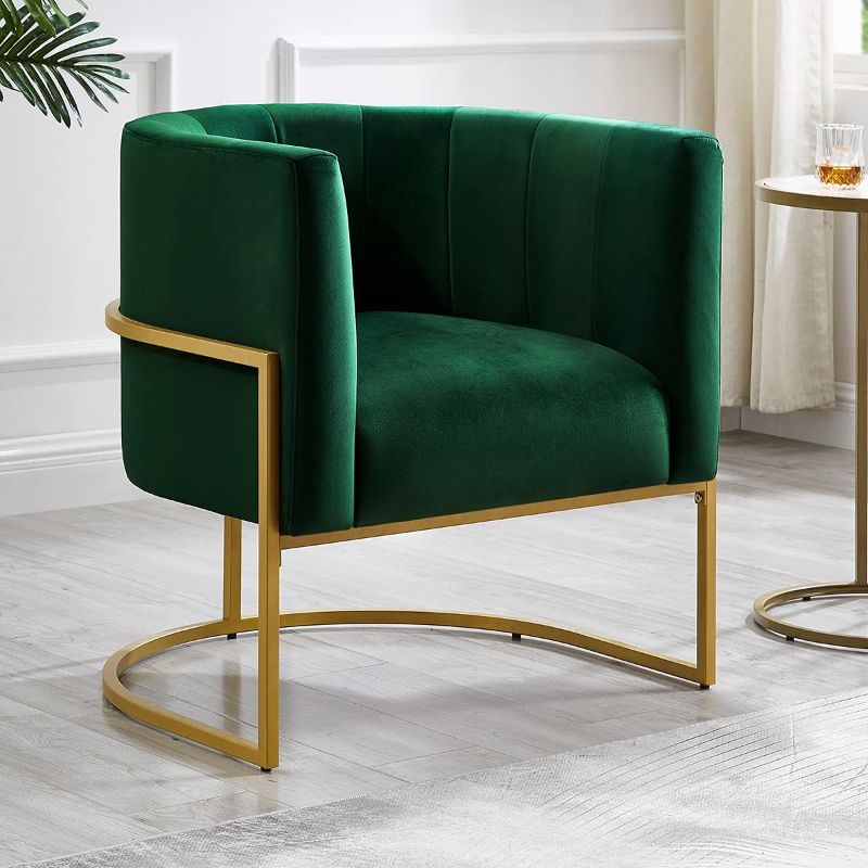 Photo 3 of 24KF Upholstered Living Room Chairs Modern Jade GreenTextured Velvet Accent Chair with Golden Metal Stand-Jade Green Chair-Curve back Jade Velvet Fabric/Golden Metal Base