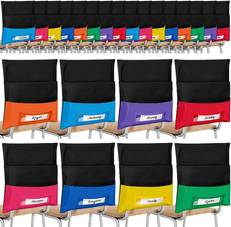 Photo 1 of 24 Pcs Chair Pockets Classroom Student Chair Organizer 8 Colors Seat Storage with Name Tag Slot for School, Name Tag is Not Included, Classroom, Home, Group Team Organizers, 16 x 19 Inch (Black)
