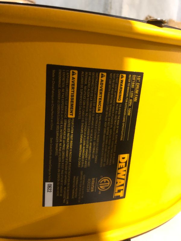 Photo 1 of ***TILTING PART MISSING - SEE NOTES***
DEWALT Industrial Floor Fan, 18 Inch Drum Fan, 3-Speed