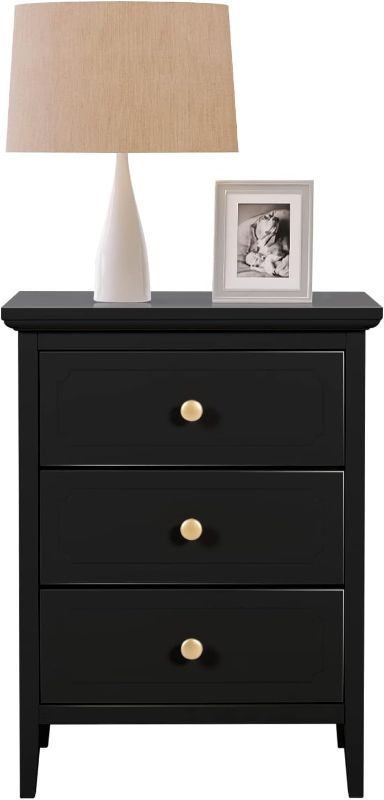 Photo 1 of 3 Drawer Nightstand Black Large Night Stands with Drawer 19 Inch Modern Bedside Table for Bedrooms Wooden