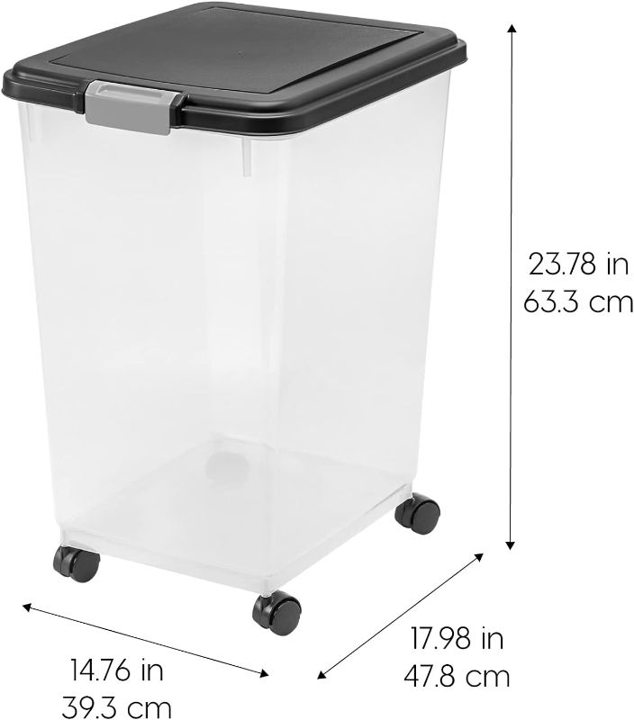 Photo 1 of * PACK OF TWO* IRIS USA 50Lbs./69Qt. WeatherPro Airtight Pet Food Storage Container with Attachable Casters, For Dog Cat Bird and Other Pet Food Storage Bin, Keep Fresh, Translucent Body, Easy Mobility, Black