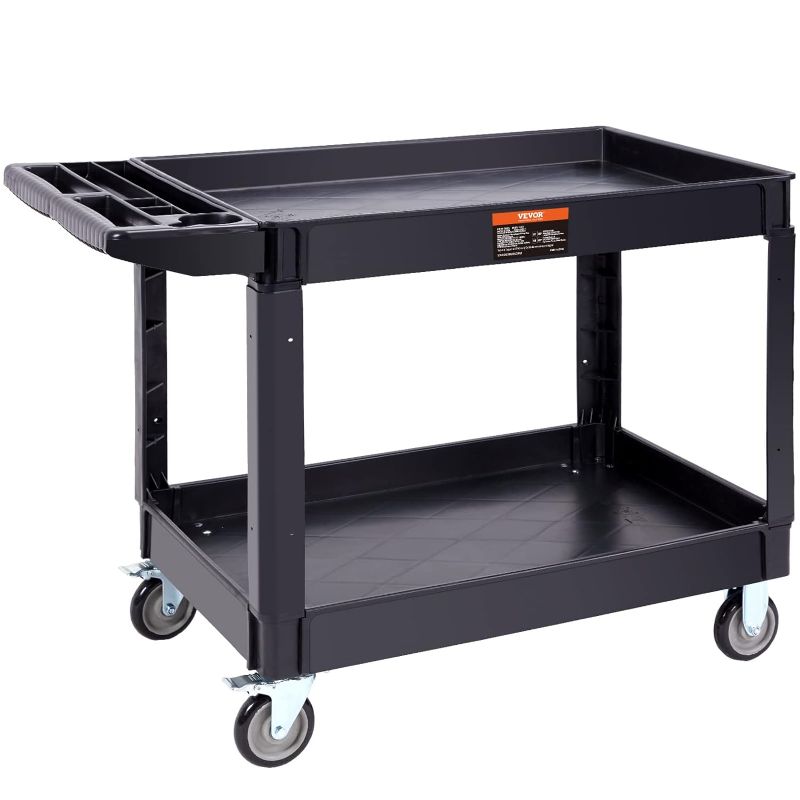 Photo 1 of 
VEVOR Utility Service Cart, 2 Shelf 550LBS Heavy Duty Plastic Rolling Utility Cart with 360° Swivel Wheels (2 with Brakes), Large Lipped Shelf, Ergonomic...
Size:25.59"D x 45.67"W x 33.46"H
Style:2-tier