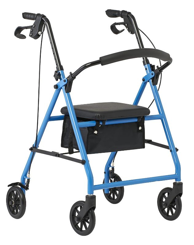 Photo 1 of 
Medline MDS86840EBS Mobility Lightweight Folding Steel Rollator Walker with 6" Wheels, Adjustable Seat and Arms, Light Blue
Style:Walker