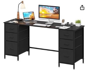 Photo 1 of YAOHUOO Computer Desk with 6 Bold Fabric Drawers Organizer - 63"/160 Office Desks with File Drawer Organization, PC Work Desk with Storage, Study Writing Table Workstation for Home Office Space