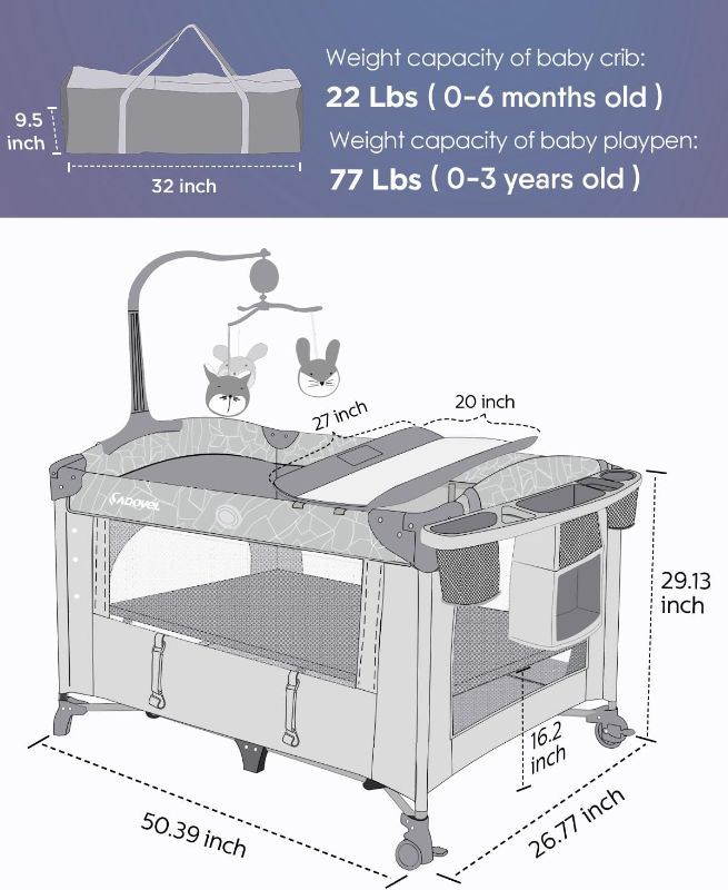 Photo 1 of ADOVEL Baby Bassinet Bedside Crib, Pack and Play with Mattress, Diaper Changer and Playards from Newborn to Toddles, Grey
