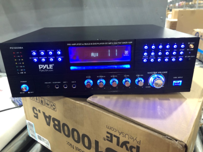 Photo 2 of Pyle 4-Channel Wireless Bluetooth Power Amplifier - 1000W Stereo Speaker Home Audio Receiver w/FM Radio, USB, Headphone, 2 Mic w/Echo, Front Loading CD DVD Player, LED, Rack Mount - Pyle PD1000BA.5