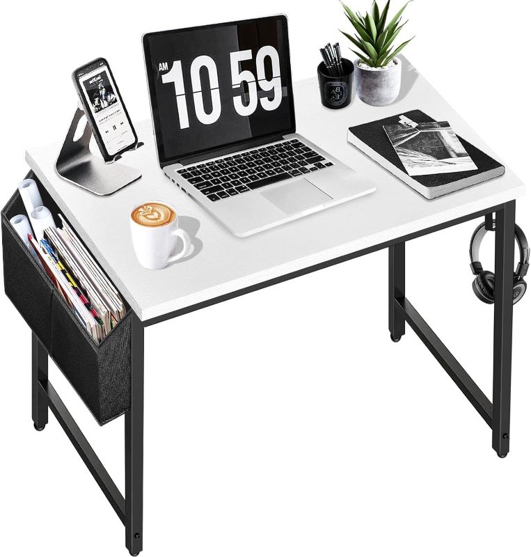 Photo 1 of Small Computer Desk for Bedroom White Modern Writing Table for Home Office Small Spaces Student Teens Study Work PC Desk 31 Inch 31.5 Inch White Black