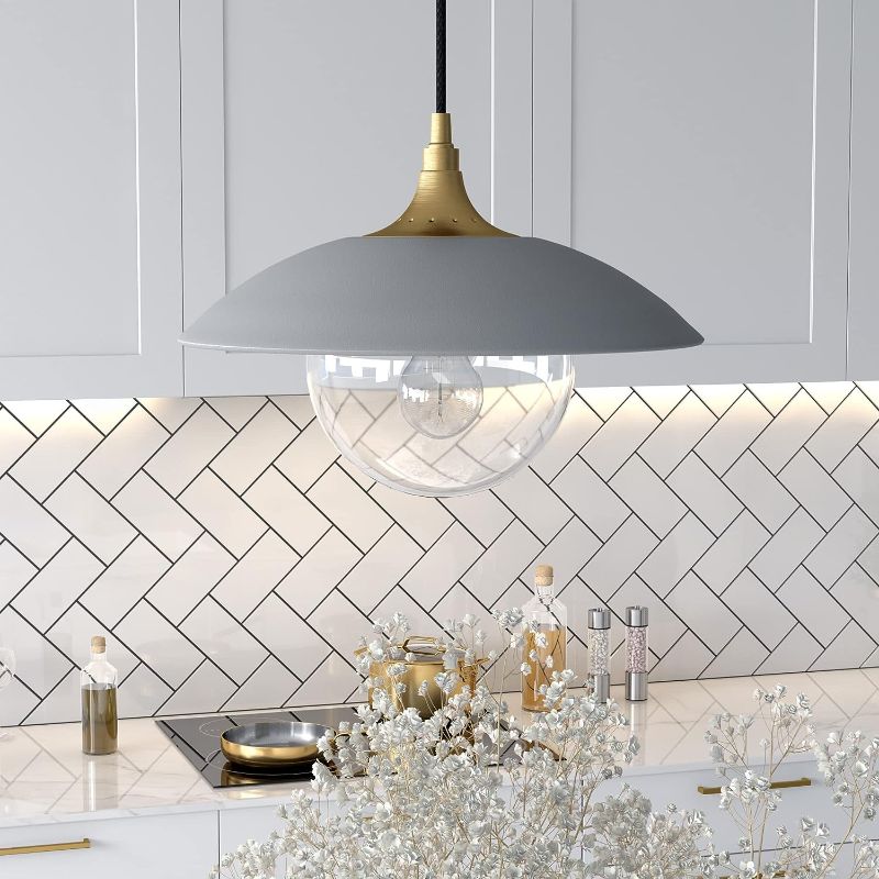 Photo 1 of Alvia 14.5" Wide Pendant with Metal/Glass Shade in Cool Gray/Brass/Cool Gray