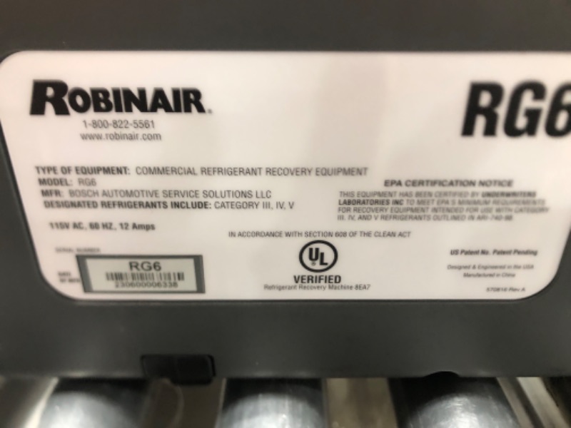 Photo 4 of Robinair RG6 Portable Refrigerant Recovery Machine - 115V AC, 60 Hz