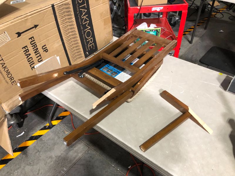 Photo 4 of ***ONE OF THE CHAIRS IS DAMAGED - SEE PICTURES***
MECO STAKMORE Arts and Craft Folding Chair Fruitwood Finish, Set of 2
