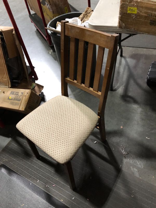 Photo 2 of ***ONE OF THE CHAIRS IS DAMAGED - SEE PICTURES***
MECO STAKMORE Arts and Craft Folding Chair Fruitwood Finish, Set of 2