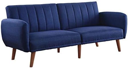 Photo 1 of Acme Bernstein Linen Fabric Tufted Upholstery Adjustable Sofa in Blue and Walnut
