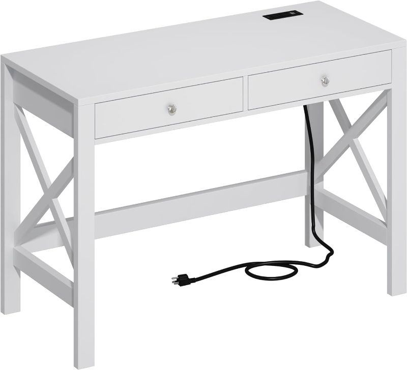 Photo 1 of ChooChoo Computer Desk with USB Charging Ports and Power Outlets, 39" White Desk with Drawers, Small Study Writing Table with Stable X Frame for Home Office