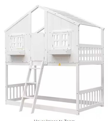 Photo 1 of ***INCOMPLETE*** Harper & Bright Designs White Twin over Twin House Bunk Bed with Roof, Window, Window Box, Door and Ladder