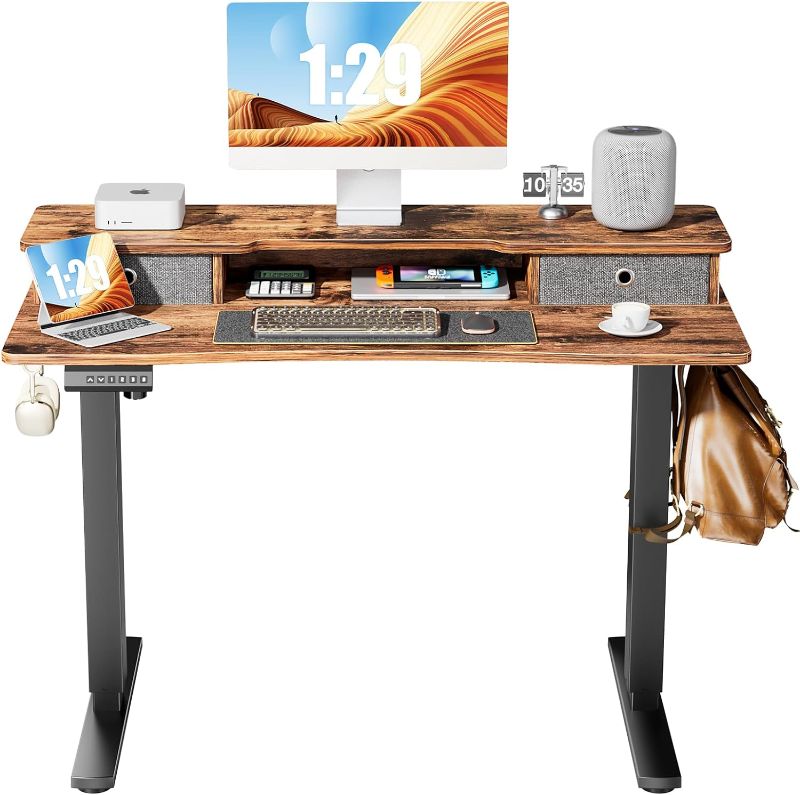 Photo 1 of FEZIBO 55"x24" Height Adjustable Electric Standing Desk with Double Drawer, 55 x 24 Inch Stand Up Table with Storage Shelf, Sit Stand Desk with Splice Board, Black Frame/Rustic Brown Top