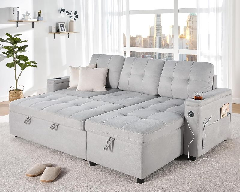Photo 1 of ***Incomplete****VanAcc Sleeper Sofa, Modern Tufted Convertible Sofa Bed, USB Charging Ports & Cup Holders, L Shaped Sofa Couch with Storage Chaise, Chenille Couches for Living Room (Light Grey)
