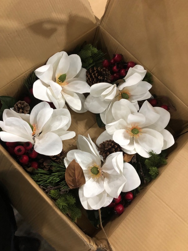 Photo 1 of 26 in. Artificial Magnolia, Pine and Berries Wreath
