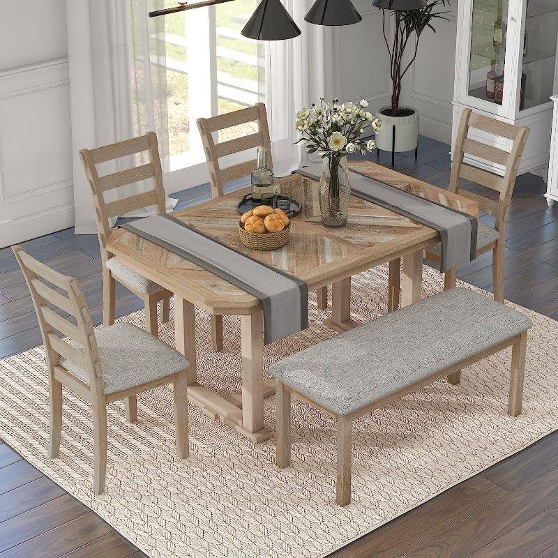 Photo 1 of  5-Piece Dining Table Set with 4 Cushioned Chairs and Bench, Beautiful Wooden Grain Pattern Brown
