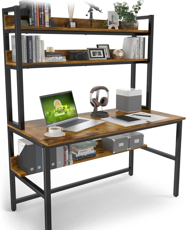 Photo 1 of Aquzee Computer Desk with Hutch, 55" W x 65" H x 23.6" D Rustic Brown Desk with Space Saving Design, Organized Desk with Storage Shelves Bookshelf for Home Office