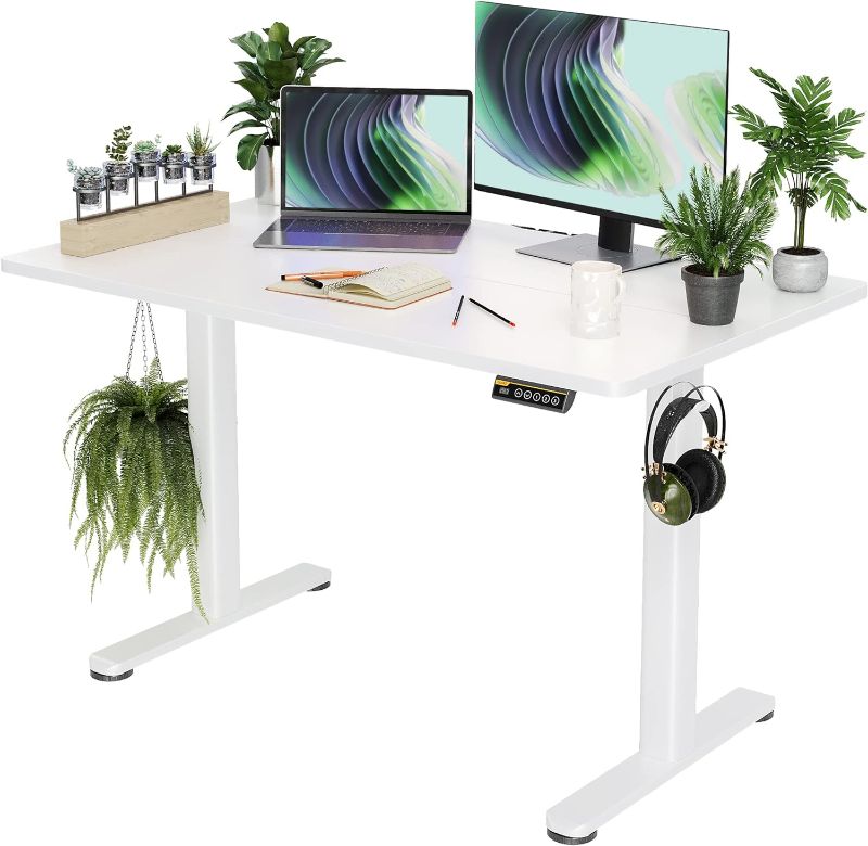 Photo 1 of Claiks Electric Standing Desk, Adjustable Height Stand up Desk, 48x24 Inches Sit Stand Home Office Desk with Splice Board, White Frame/White Top
