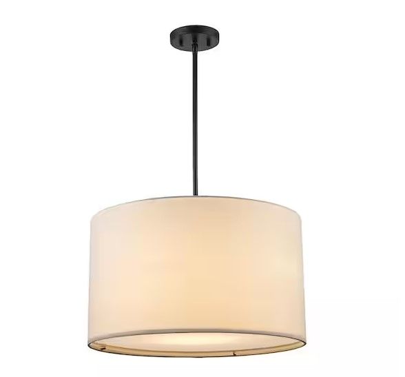 Photo 1 of 2-Light Black Hanging Pendant Light Fixture with Linen Drum Shade
