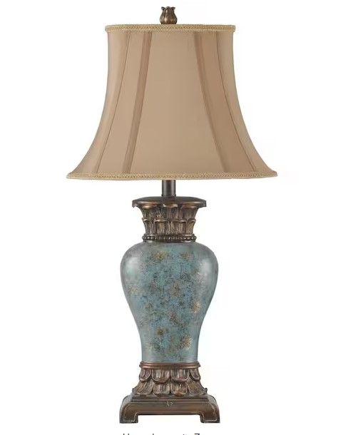 Photo 1 of 30 in. Blue/Brown/Bronze/Gold Table Lamp with Taupe Fabric Shade
